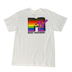 MTV Graphic Logo Rainbow T-Shirt Short Sleeve Large NWOT White
